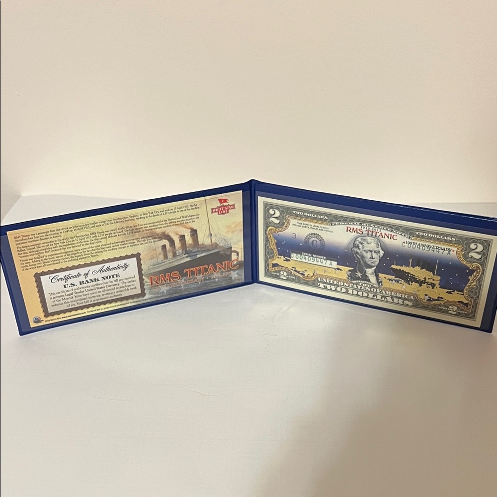 RMS Titanic Commemorative Banknote $2 Bill in Blue Display. Authentic US Bill